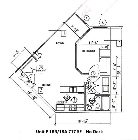 A drawing of a floor plan for a living space with a kitchen and bathroom.